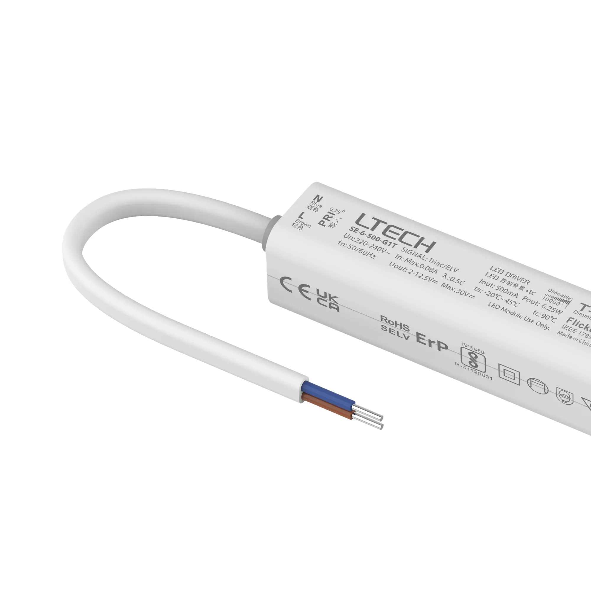 Triac/ELV, PWM,6W, C. Current Dimmable Driver, 500mA, DC:9-42Vdc, EFF>70%, IP20. SE-6-500-G1T  LTECH Triac Constant Current